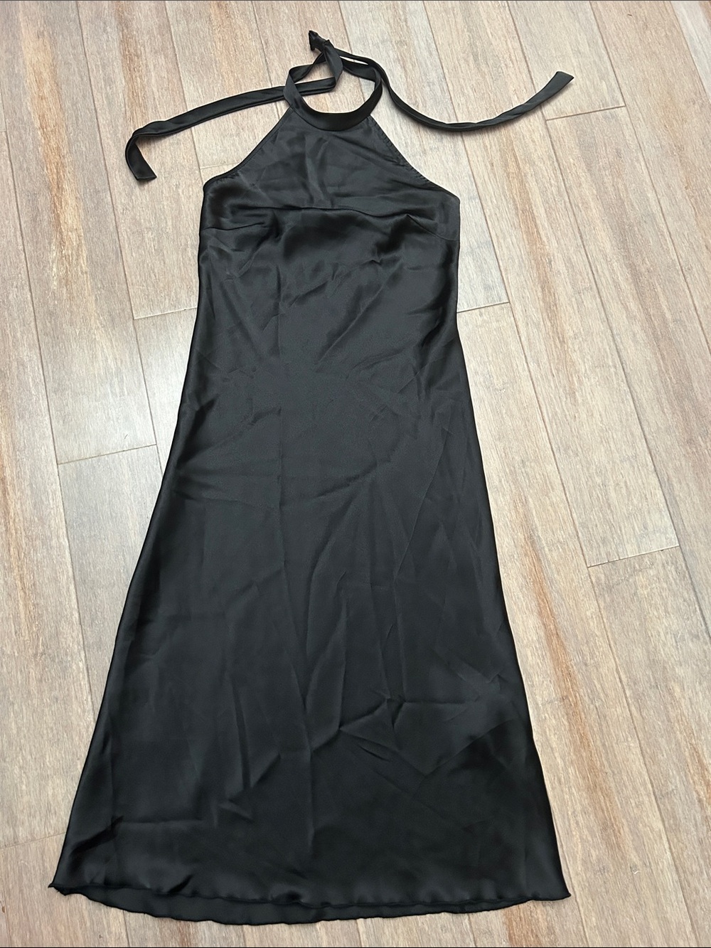 bebe Satin Black Halter Midi Slip Dress halter tie ties size XS